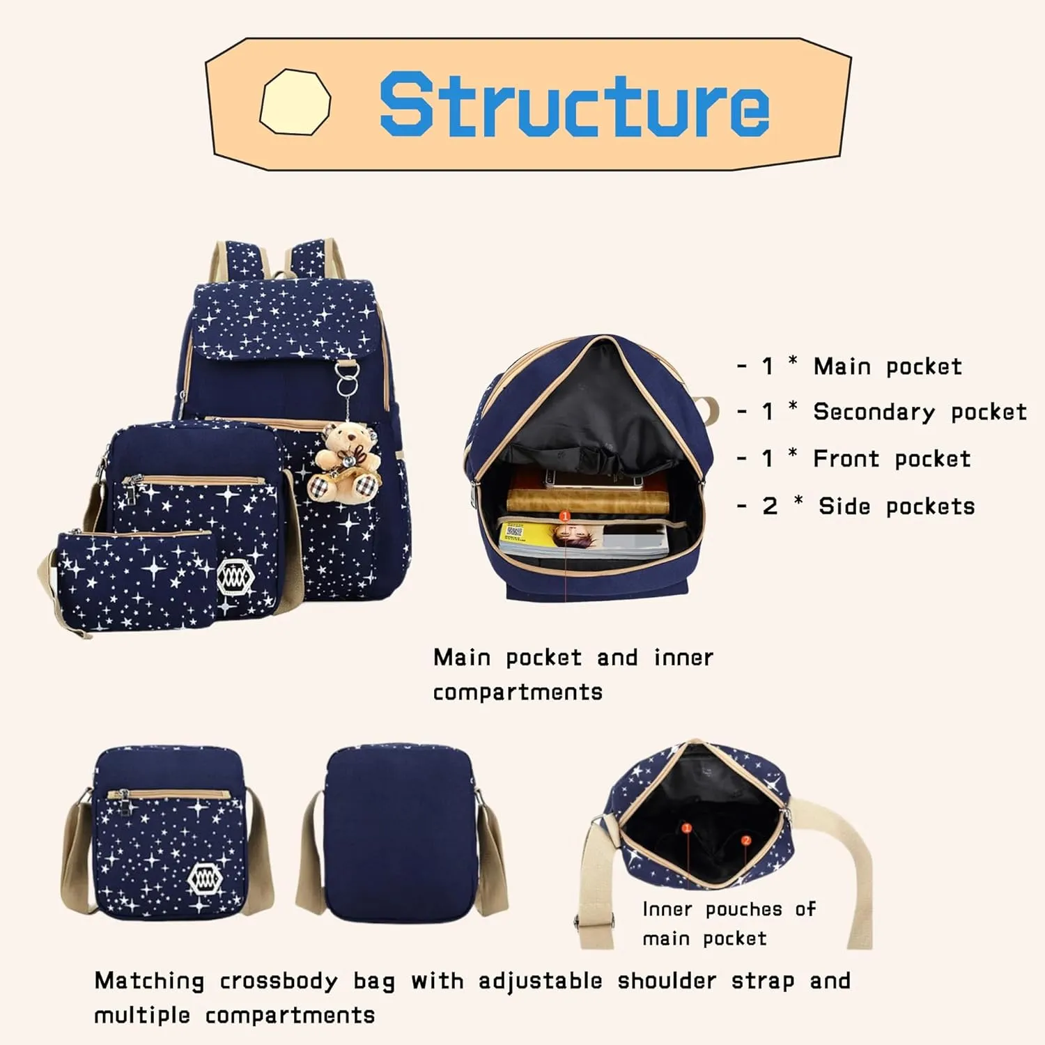 Star Print Girls Black Backpacks Set for School, School Bags Backpack Bookbags for Teenage Girls, with Crossbody Bag, 3 Pieces