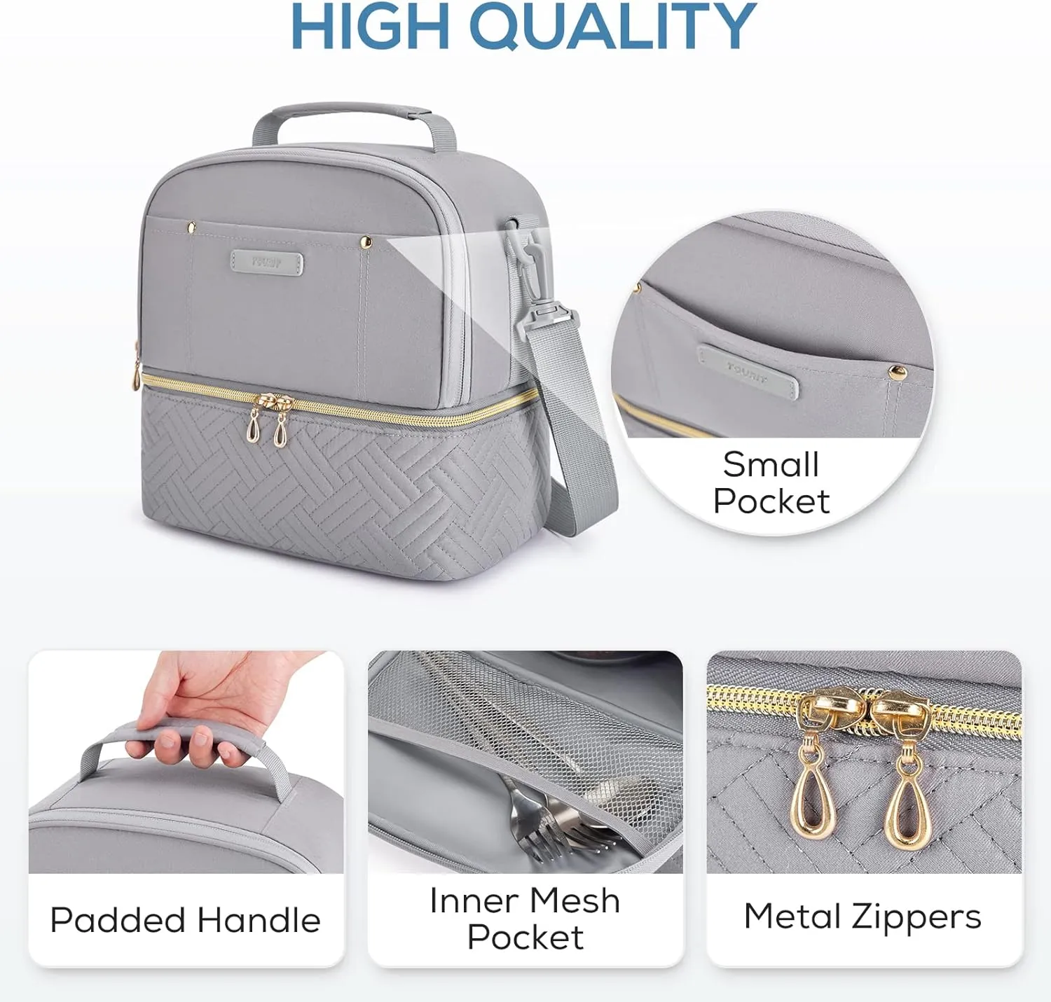 TOURIT Lunch Bag Women Double Deck Lunch Box Insulated Lunch Cooler for Women Men Work, Gray