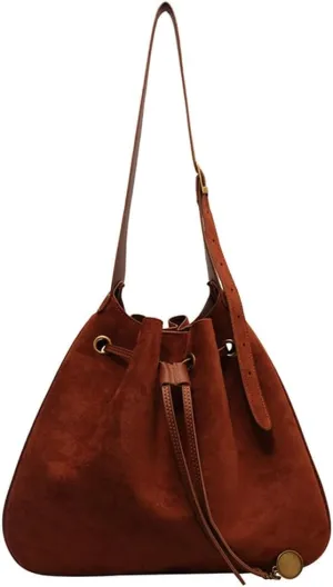 Trendy Drawstring Hobo Shoulder Bag Retro Suede Bucket Purse Causal Travel College Crossbody Bag with Adjustable Strap 2024