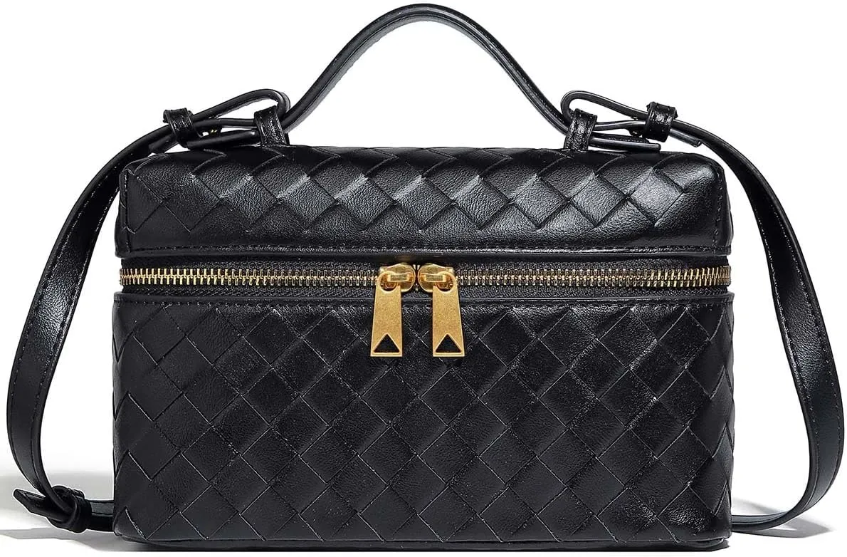 Trendy Woven Crossbody Purse Bag for Women Cute Shoulder Bag Square Box Bags Mini PU Leather Top Handle Purses Handbag