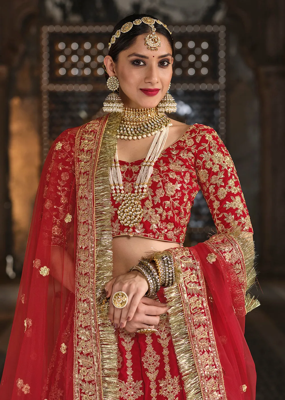 Velvet Maroon Red Stone Embroidered Bridal Lehenga Choli