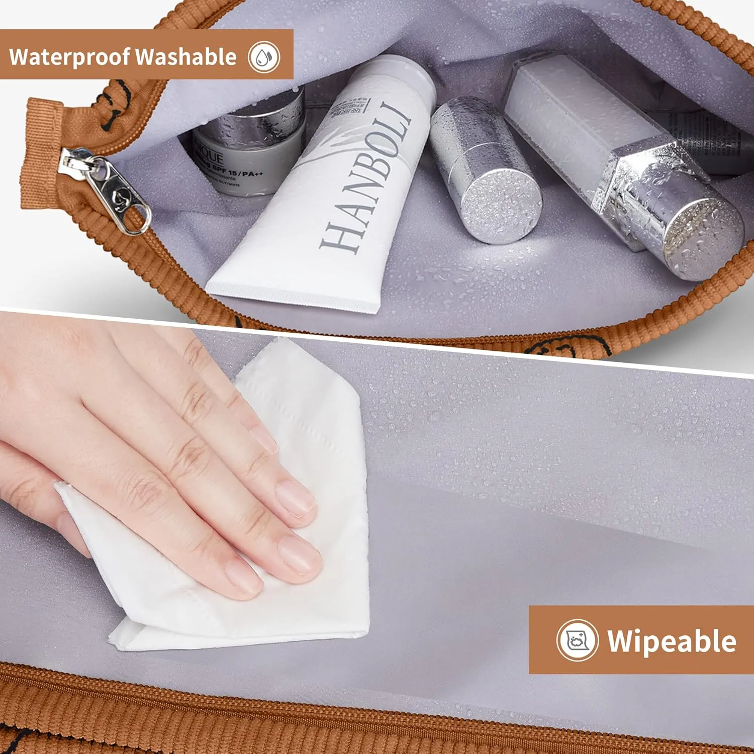WLLWOO Makeup Bag-2pcs Smile Face Corduroy Cosmetic Bag Zipper Interior Waterproof Pencil Case Coin Purse Travel Toiletry Small Makeup Pouch For Women