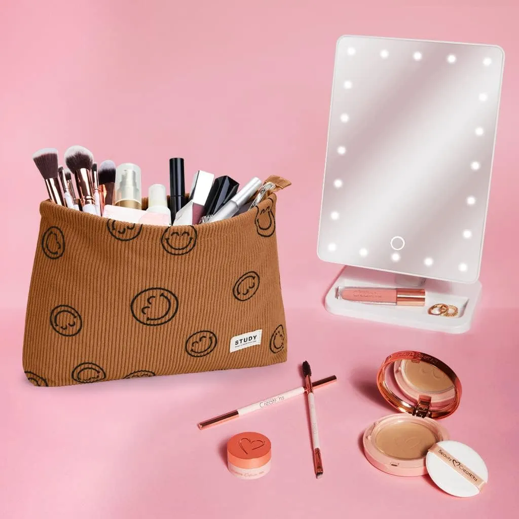 WLLWOO Makeup Bag-2pcs Smile Face Corduroy Cosmetic Bag Zipper Interior Waterproof Pencil Case Coin Purse Travel Toiletry Small Makeup Pouch For Women