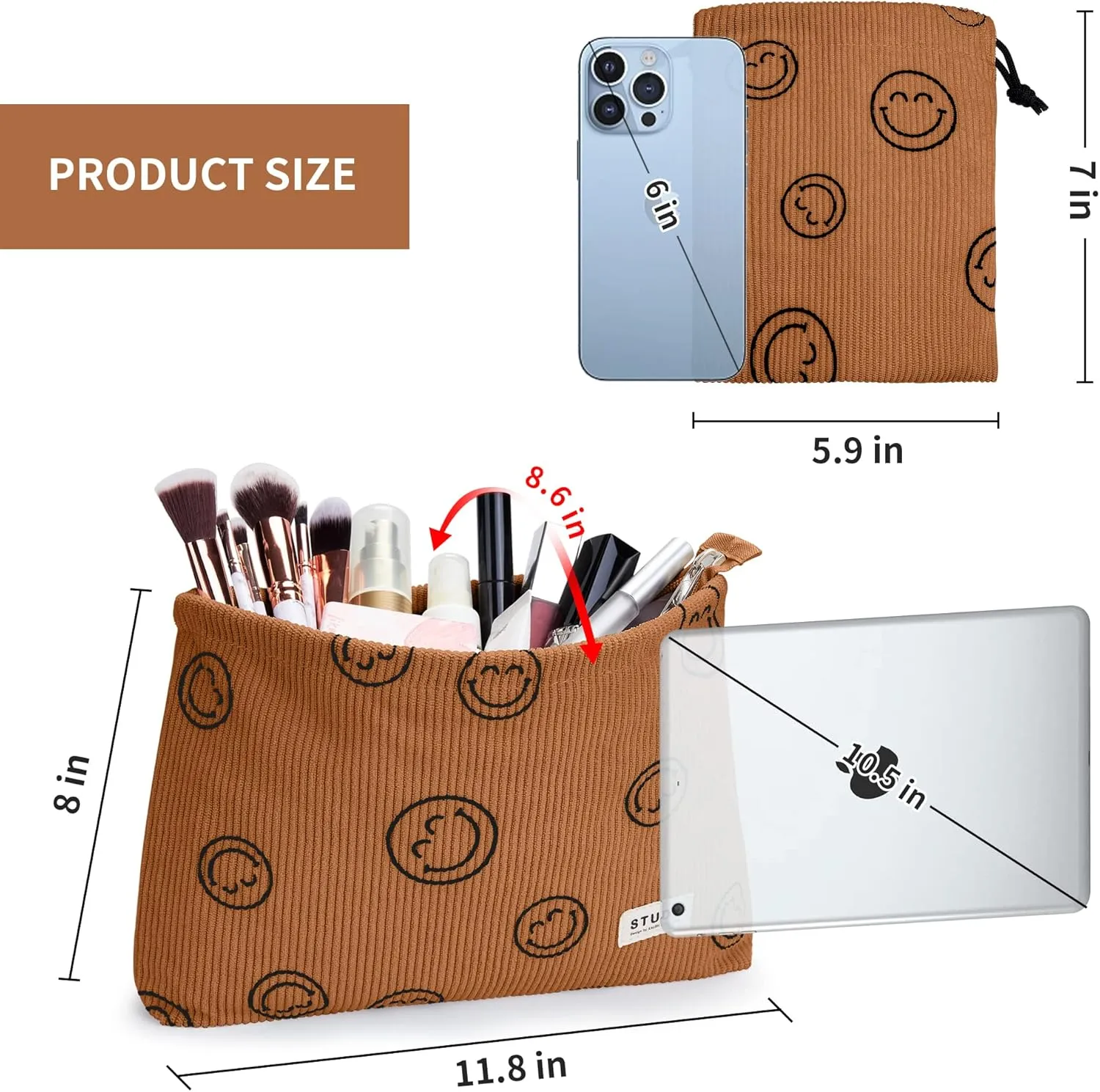 WLLWOO Makeup Bag-2pcs Smile Face Corduroy Cosmetic Bag Zipper Interior Waterproof Pencil Case Coin Purse Travel Toiletry Small Makeup Pouch For Women