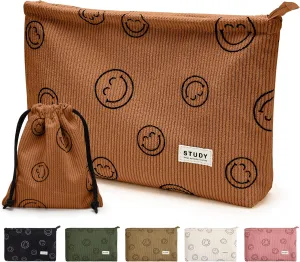 WLLWOO Makeup Bag-2pcs Smile Face Corduroy Cosmetic Bag Zipper Interior Waterproof Pencil Case Coin Purse Travel Toiletry Small Makeup Pouch For Women
