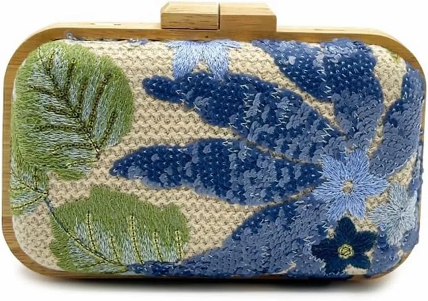 Women Embroidered Sequin Flower Evening Bag Glitter Beaded Handbag Straw Woven Clutch Purse with Chain for Party
