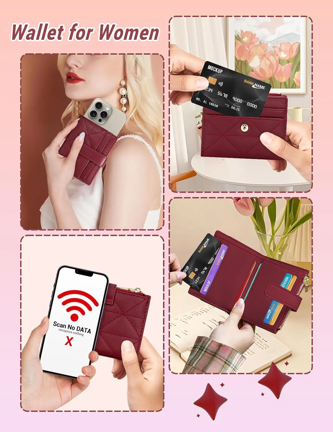 YINHEXI Wallet Women, RFID Blocking Small Compact Bifold PU Leather Card Holder Pocket Wallet Ladies Mini Purse with Coin Pocket (Burgundy-1)